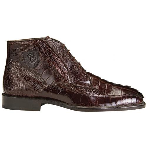 Belvedere "Rico" Brown Genuine Ostrich and Hornback Crocodile Ankle Boots With Crocodile Tail K20